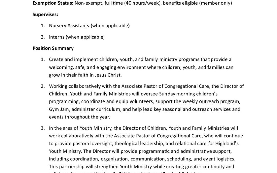 Director of Children, Youth and Family Ministries Sept. 2026